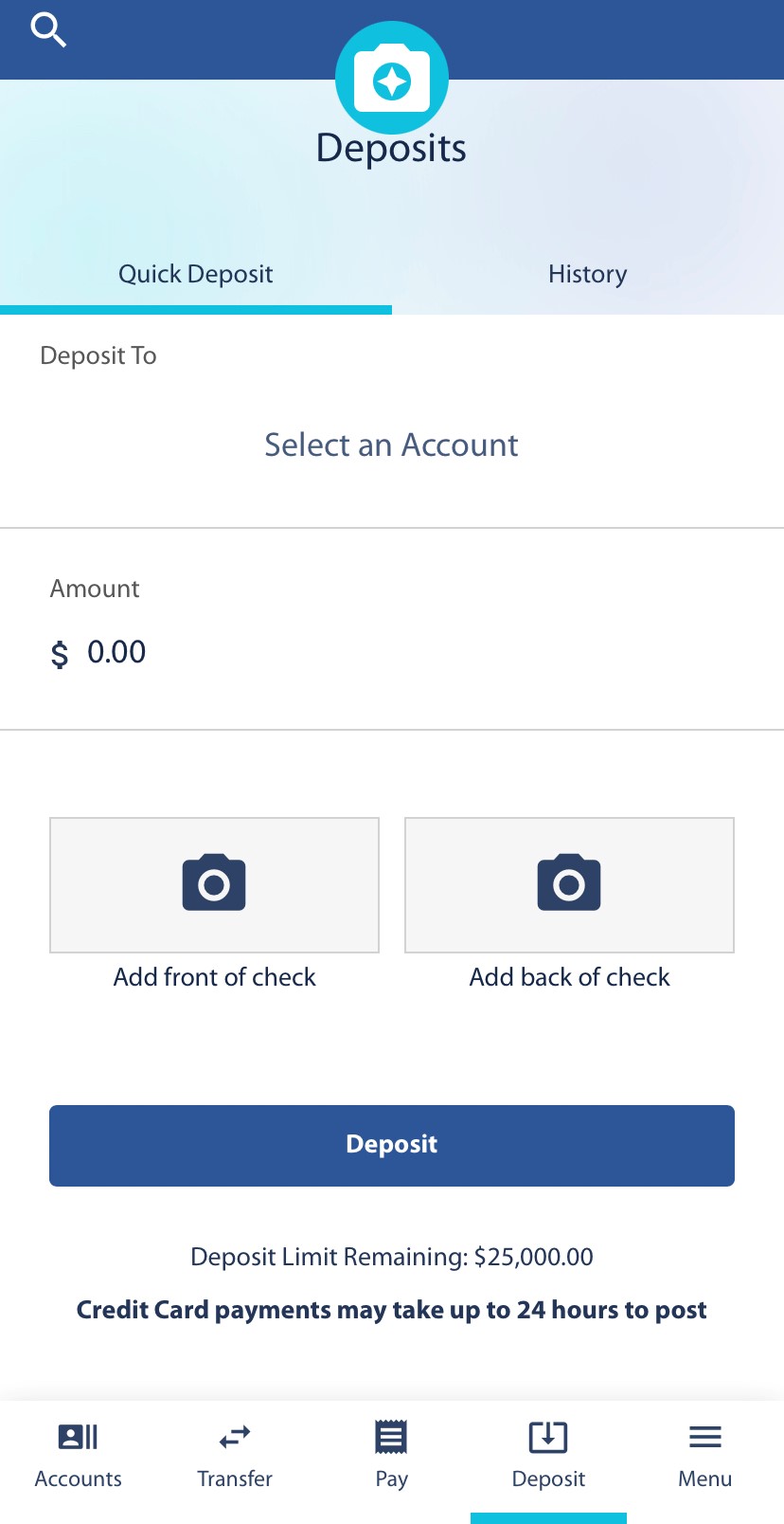 Deposit a check with the mobile app, mobile view, DB Hub, Travis CU,