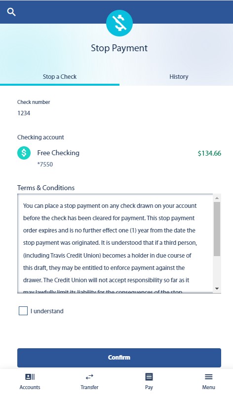 accept disclosure and confirm, mobile view, DB Hub, Travis CU,